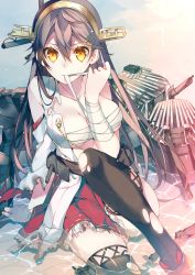 Rule 34 | 10s, 1girl, arm support, bandages, bare shoulders, black hair, blush, boots, breasts, brown eyes, brown hair, budget sarashi, cleavage, collarbone, detached sleeves, hairband, haruna (kancolle), japanese clothes, kantai collection, knee up, kureaki (exit), large breasts, long hair, looking at viewer, miniskirt, mouth hold, nontraditional miko, partially submerged, sarashi, sitting, skirt, solo, thigh boots, thighhighs, torn clothes, torn thighhighs, water, zettai ryouiki