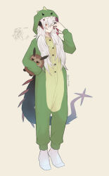 Rule 34 | 1girl, absurdres, animal costume, arkiwi, arknights, commentary, dragon costume, dragon girl, dragon horns, dragon tail, english commentary, grey background, highres, horns, long hair, looking at viewer, onesie, orange eyes, saria (arknights), simple background, socks, solo, tail, white hair, white socks