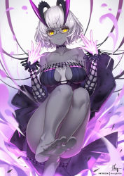 Rule 34 | 1girl, bare shoulders, black dress, breasts, choker, cleavage, collarbone, colored skin, detached sleeves, dress, fate/grand order, fate (series), glasses, grey hair, grey skin, hong (white spider), horns, jacques de molay (foreigner) (fate), jacques de molay (foreigner) (third ascension) (fate), large breasts, looking at viewer, short dress, short hair, solo, thighs, yellow eyes