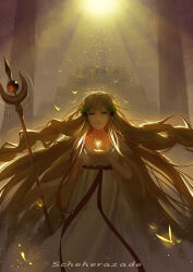 1girl absurdres backlighting breasts brown_theme bug butterfly character_name closed_mouth exe336 food fruit grapes highres holding holding_staff huge_breasts insect long_hair looking_at_viewer magi_the_labyrinth_of_magic outdoors ribbon robe scheherazade_(magi) solo staff very_long_hair white_robe