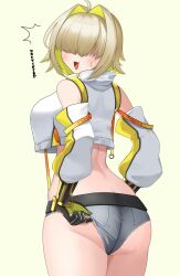 Rule 34 | 1girl, adjusting clothes, adjusting shorts, ahoge, aozorayukkuri, ass, belt, black belt, black gloves, blonde hair, breasts, butt crack, clothes writing, commentary, crop top, crop top overhang, cropped sweater, detached sleeves, elegg (nikke), english text, fang, from behind, gloves, goddess of victory: nikke, hair intakes, hair over eyes, highres, large breasts, long sleeves, micro shorts, multicolored clothes, multicolored gloves, multicolored hair, open mouth, shorts, simple background, solo, suspenders, sweatdrop, sweater, thick thighs, thighs, two-tone hair, underbutt, white sweater, zipper, zipper pull tab