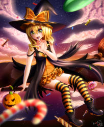 Rule 34 | 1girl, absurdres, blacksaikou, blonde hair, boots, breasts, broom, broom riding, candy, collarbone, dress, flying, food, halloween, hat, hat ribbon, highres, kirisame marisa, microdress, ribbon, small breasts, solo, striped clothes, striped thighhighs, thighhighs, touhou, witch hat, yellow eyes