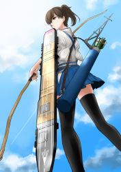 Rule 34 | 10s, 1girl, arrow (projectile), black thighhighs, blue hakama, blue sky, bow (weapon), brown eyes, brown hair, cloud, cloudy sky, day, flight deck, from below, hakama, hakama short skirt, hakama skirt, holding, holding weapon, japanese clothes, kaga (kancolle), kantai collection, long hair, looking at viewer, looking to the side, short hair, short ponytail, side ponytail, skirt, sky, solo, tasuki, thighhighs, tora aki, weapon, zettai ryouiki