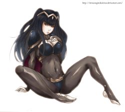 Rule 34 | 1girl, barefoot, black hair, bodysuit, breasts, bridal gauntlets, cleavage, feet, fire emblem, fire emblem awakening, highres, large breasts, long hair, nintendo, no shoes, shiny clothes, sitting, skin tight, solo, spread legs, tharja (fire emblem), tiara, tirnanogin industries, toeless legwear, toes, two side up