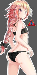 Rule 34 | 1boy, armpits, ass, astolfo (fate), b-pang, bare arms, bare shoulders, big hair, bikini, black bikini, black bow, bow, butt crack, closed mouth, commentary request, cowboy shot, cross-laced clothes, dot nose, fate/apocrypha, fate (series), fingernails, flat chest, from side, grey background, hair bow, hair intakes, highres, long hair, looking at viewer, looking to the side, lowleg, lowleg bikini, male-female symbol, male focus, multicolored hair, outline, pink hair, purple eyes, side-tie bikini bottom, sign, simple background, smile, solo, standing, stomach, streaked hair, swimsuit, trap, two-tone hair, very long hair, warning sign, white hair, white outline