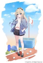 1girl :o bandaid bandaid_on_knee bandaid_on_leg black_bow black_footwear black_shorts blonde_hair blue_eyes blue_jacket blue_sky blush bow clothes_lift cloud copyright_request day flag gym_shorts hair_between_eyes hair_bow hair_ornament hairclip jacket long_hair long_sleeves mafuyu_(chibi21) navel official_art open_clothes open_jacket parted_lips ponytail puffy_long_sleeves puffy_sleeves shirt shirt_lift shoes shorts sky socks solo sweat track_jacket very_long_hair white_shirt white_socks