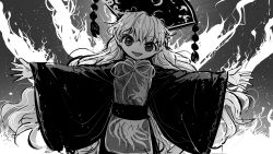 Rule 34 | 1girl, arms up, belt, black dress, bow, bowtie, chinese clothes, commentary request, crescent, dress, energy, grey background, greyscale, hair between eyes, hands up, hat, highres, junko (touhou), long hair, looking at viewer, monochrome, open mouth, phoenix crown, pom pom (clothes), simple background, smile, solo, standing, suna (s73d), tabard, touhou, wavy hair