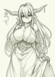 Rule 34 | 10s, 1girl, bare shoulders, blush, breasts, cleavage, cowboy shot, curtsey, danua, draph, dress, elbow gloves, gloves, granblue fantasy, horn ornament, horns, huge breasts, jewelry, large breasts, long hair, looking at viewer, monochrome, necklace, pas (paxiti), pointy ears, solo, spaghetti strap, standing