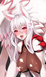 Rule 34 | 1girl, ahegao, animal ears, bad id, bad twitter id, bare shoulders, blush, breasts, claws, covered erect nipples, drooling, fox ears, full-face blush, furry, furry female, furry male, furry with furry, grimgrim, heart, highres, implied sex, large breasts, looking at viewer, nipples, orange eyes, original, saliva, saliva trail, see-through, solo focus, tongue, tongue out, torn clothes, white hair