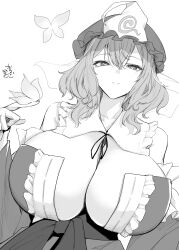 Rule 34 | 1girl, absurdres, bare shoulders, breasts, bug, butterfly, cleavage, closed mouth, commentary, frilled kimono, frills, greyscale, hat, highres, huge breasts, insect, japanese clothes, kimono, kurokawa otogi, looking at viewer, medium hair, mob cap, monochrome, saigyouji yuyuko, signature, simple background, smile, solo, touhou, triangular headpiece, upper body