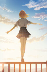 Rule 34 | 1girl, bare legs, black socks, blue skirt, character request, cloud, cloudy sky, collared shirt, copyright request, evening, facing ahead, from behind, full body, high-waist skirt, highres, imminent suicide, legs together, light brown hair, medium hair, on railing, outdoors, outstretched arms, plaid, plaid skirt, pleated skirt, railing, shirt, shirt tucked in, shoes, short sleeves, skirt, sky, socks, solo, standing, thighs, white shirt, yukimaru nun