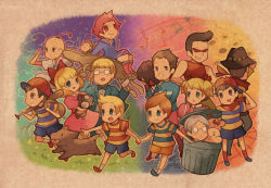 Rule 34 | 3girls, 6+boys, ana (mother), backpack, bag, baseball bat, blonde hair, blue eyes, boney, brothers, brown eyes, brown hair, child, claus (mother 3), dog, doseisan, duster (mother), everyone, flint (mother 3), friends, glasses, hanokage, hat, holding hands, jeff andonuts, kumatora, lloyd (mother), lucas (mother 3), mother (game), mother 2, mother 3, multiple boys, multiple girls, ness (mother 2), ninten, nintendo, paula (mother 2), pink eyes, pink hair, poo (mother 2), quiff, randoseru, salsa (mother), shirt, short hair, short twintails, siblings, striped clothes, striped shirt, teddy (mother), trash can, twintails