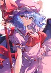 Rule 34 | 1girl, arm behind head, arm up, ascot, blue hair, closed mouth, collared shirt, commentary request, frilled shirt collar, frilled skirt, frills, hair ribbon, hat, hat ribbon, highres, looking at viewer, mob cap, nanop38, pink hat, pink shirt, pink skirt, red ascot, red eyes, red ribbon, remilia scarlet, ribbon, shirt, short hair, short sleeves, simple background, skirt, skirt set, smile, solo, touhou, white background