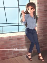 Rule 34 | 10s, 1girl, absurdres, arm support, brick wall, brown footwear, brown hair, casual, character name, closed mouth, collarbone, collared shirt, copyright name, denim, dress shirt, full body, hand in own hair, high heels, highres, idolmaster, idolmaster million live!, indoors, jeans, kamille (vcx68), kitazawa shiho, leaning, light frown, long hair, long sleeves, looking away, pants, shirt, shoes, sky, solo, sparkle, swept bangs, toeless footwear, wavy hair, white shirt, window, windowsill, wooden floor, yellow eyes