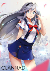 Rule 34 | 00s, 1girl, absurdres, anti (0324), bad id, bad pixiv id, blue eyes, buttons, clannad, collarbone, copyright name, glasses, hairband, hand in own hair, highres, long hair, looking at viewer, petals, red ribbon, ribbon, sakagami tomoyo, school uniform, serafuku, silver hair, smile, solo, standing