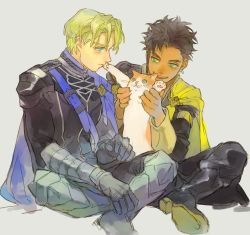 Rule 34 | 2boys, aiguillette, animal, armor, belt buckle, black footwear, blonde hair, blue cape, blue eyes, boots, braid, brown hair, buckle, cape, cat, chest belt, claude von riegan, commentary, dimitri alexandre blaiddyd, earrings, fire emblem, fire emblem: three houses, foot out of frame, gauntlets, greaves, green eyes, grey background, harikoma1010, holding, holding animal, holding cat, indian style, jewelry, looking at animal, looking at another, male focus, multiple boys, nintendo, open mouth, short hair, side braid, simple background, single braid, single earring, sitting, sketch, smile, yellow cape