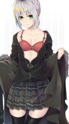 Rule 34 | 1girl, bare shoulders, black jacket, blush, bra, breasts, cape, fate (series), gray (fate), green eyes, grey hair, hair between eyes, highres, holding, holding cape, holding clothes, jacket, lord el-melloi ii case files, off shoulder, open clothes, open jacket, partially undressed, shunga (shun608), small breasts, solo, thighhighs, underwear, unzipped