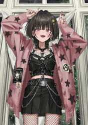 Rule 34 | 1girl, anarchy symbol, arms up, black nails, black shirt, black skirt, brown hair, fishnet pantyhose, fishnets, gishiki (gshk), gothic lolita, hair ornament, highres, jacket, lolita fashion, looking at viewer, multicolored nails, open clothes, open jacket, original, pantyhose, pink eyes, pink jacket, red nails, shirt, skirt, solo, star (symbol), star hair ornament