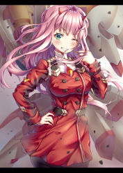 Rule 34 | 10s, 1girl, ;d, absurdres, armor, bad id, bad pixiv id, black pantyhose, blush, breasts, buttons, coat, cowboy shot, darling in the franxx, debris, double-breasted, gradient background, green eyes, green theme, hair in own mouth, hand on own hip, highres, horns, letterboxed, long hair, long sleeves, looking at viewer, mecha, medium breasts, military, military uniform, one eye closed, open mouth, pantyhose, pink hair, red coat, robot, shoulder armor, smile, solo, standing, teeth, uniform, v-shaped eyebrows, xi zhujia de rbq, zero two (darling in the franxx)