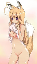 Rule 34 | 00s, animal ears, blush, breasts, duplicate, fox ears, fox tail, highres, kanokon, large breasts, minamoto chizuru, mouth hold, pussy, resized, smile, tail, uncensored