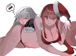 Rule 34 | 2girls, bikini, black sleeves, breasts, closed eyes, credit card, dreaming, frilled sleeves, frills, grey hair, hair ornament, hairclip, hat, highres, large breasts, long hair, looking at viewer, multiple girls, no.21: xxi (red hoodie) (punishing: gray raven), no.21 (punishing: gray raven), open mouth, punishing: gray raven, red bikini, red eyes, red hair, santa hat, sidelocks, sleeping, sleeves past fingers, sleeves past wrists, swimsuit, thought bubble, vera (punishing: gray raven), white background, yongsadragon
