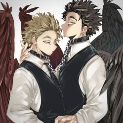 Rule 34 | 2boys, barururunru, black hair, black wings, blonde hair, boku no hero academia, bound together, chain, chained, collar, earrings, eye contact, eyeliner, feathered wings, feathers, hawks (boku no hero academia), highres, holding hands, jewelry, looking afar, looking at another, looking at viewer, makeup, messy hair, multiple boys, necktie, red feathers, shirt, siblings, stud earrings, twins, vest, wings