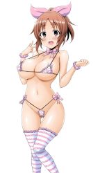 Rule 34 | 10s, 1girl, :d, abe nana, bikini, blush, bow, bowtie, breasts, brown eyes, brown hair, covered erect nipples, frilled thighhighs, frills, gluteal fold, hair ribbon, idolmaster, idolmaster cinderella girls, large breasts, looking at viewer, micro bikini, navel, okumoto yuuta, open mouth, pink bow, pink bowtie, pink ribbon, ponytail, ribbon, scrunchie, short hair, smile, solo, striped clothes, striped thighhighs, swimsuit, thigh gap, thighhighs, wakame, white background, wide hips, wrist scrunchie