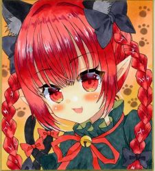 Rule 34 | 1girl, :d, animal ear fluff, animal ears, bell, black bow, blunt bangs, blush, bow, braid, cat ears, cat tail, dress, extra ears, fang, frills, green dress, hair bow, hair ribbon, jingle bell, kaenbyou rin, long hair, looking at viewer, multiple tails, neck bell, neck ribbon, nekomata, open mouth, orange background, paw print, paw print background, pointy ears, portrait, red bow, red eyes, red hair, red ribbon, ribbon, simple background, smile, solo, tail, tail bow, tail ornament, touhou, traditional media, tress ribbon, twin braids, twintails, two tails, upper body, zenra1112