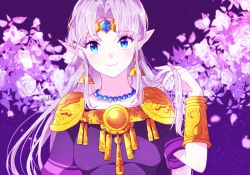 Rule 34 | 1girl, alternate color, alternate hair color, armor, closed mouth, collarbone, earrings, flower, hair intakes, indisk irio, jewelry, long hair, looking at viewer, necklace, nintendo, pointy ears, princess zelda, purple background, purple shirt, shirt, short sleeves, shoulder armor, silver hair, smile, solo, the legend of zelda, the legend of zelda: a link between worlds, upper body, very long hair, white flower