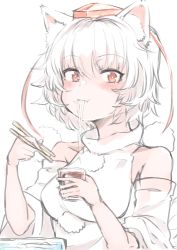 Rule 34 | 1girl, animal ears, blush, chopsticks, cup, eating, food, glass, hat, highres, holding, holding cup, inubashiri momiji, looking at viewer, noodles, red eyes, short hair, solo, tokin hat, touhou, white hair, wolf ears, yoyoiro (sysi20)