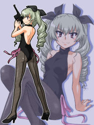 Rule 34 | 1girl, anchovy (girls und panzer), ass, back, backless leotard, black footwear, black leotard, black pantyhose, black ribbon, boots, closed mouth, commentary request, drill hair, facing viewer, fishnet pantyhose, fishnets, from behind, girls und panzer, green hair, gun, hair ribbon, halterneck, handgun, high heel boots, high heels, holding, holding gun, holding weapon, legs, leotard, long hair, looking at viewer, looking back, multiple views, oosaka kanagawa, pantyhose, red eyes, ribbon, side-tie leotard, simple background, smirk, standing, twin drills, twintails, weapon