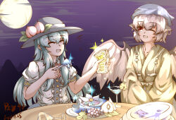 Rule 34 | 2girls, ;d, animal ear piercing, banknote, bird wings, black headwear, blue hair, blue headwear, brown kimono, center frills, chinese commentary, commentary request, cup, dollar bill, drinking glass, food, frills, full moon, highres, hinanawi tenshi, holding, holding spoon, japanese clothes, kimono, long hair, long sleeves, looking at another, money, moon, multiple girls, mystia lorelei, okamisty, one eye closed, open mouth, outdoors, peach hat ornament, plate, pzgr.40, red eyes, shirt, short hair, short sleeves, sidelocks, smile, spoon, touhou, touhou mystia&#039;s izakaya, white shirt, wings