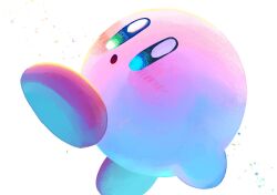 Rule 34 | :o, blue eyes, blush stickers, colored skin, commentary request, kirby, kirby (series), kirby and the forgotten land, looking at viewer, nintendo, no humans, open mouth, pink skin, red footwear, shoes, solo, white background, yuzuriha yuki