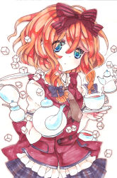 Rule 34 | 1girl, bad id, bad pixiv id, blue eyes, bow, cup, female focus, hair bow, highres, moriyama shijimi, necktie, original, plaid, red eyes, skirt, solo, sugar cube, teacup, teapot, traditional media, white background