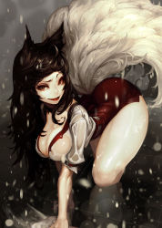 Rule 34 | 1girl, ahri (league of legends), all fours, alternate costume, animal ears, belt, breasts, brown eyes, brown hair, buttons, choker, cleaning, cleaning rag, cleavage, closed mouth, duto, eyelashes, eyeshadow, fox ears, fox tail, highres, large breasts, league of legends, lips, lipstick, long hair, looking at viewer, makeup, mascara, miniskirt, multiple tails, on floor, pale skin, pencil skirt, red lips, red skirt, reflective floor, see-through, shirt, short sleeves, side slit, skin tight, skirt, smile, solo, tail, thighs, unbuttoned, water drop, wet, wet clothes