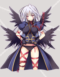 Rule 34 | 1girl, asymmetrical legwear, black panties, black wings, breasts, chain, clothes lift, collar, crying, dress, dress lift, facial mark, gloves, grey background, large breasts, long hair, lyrical nanoha, mahou shoujo lyrical nanoha, mahou shoujo lyrical nanoha a&#039;s, multiple wings, panties, puffy sleeves, raiou, red eyes, reinforce, silver hair, simple background, single hair intake, solo, tears, underwear, uneven legwear, wings