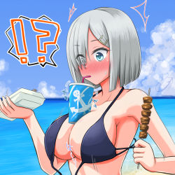 Rule 34 | !?, 1girl, bikini, blue bikini, blue eyes, blue sky, breasts, cloud, cup, day, disposable cup, drinking straw, drinking straw in mouth, food, front-tie bikini top, front-tie top, grey hair, hair ornament, hair over one eye, hairclip, hamakaze (kancolle), highres, holding, holding food, holding skewer, kantai collection, large breasts, object on breast, outdoors, skewer, sky, solo, sosser, speech bubble, swimsuit, upper body, wardrobe malfunction