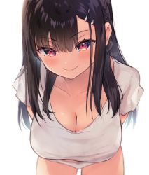 Rule 34 | 1girl, bent over, black hair, blurry, breasts, calm mashiro, cleavage, closed mouth, collarbone, cowboy shot, depth of field, hair between eyes, hair ornament, hairclip, large breasts, long hair, looking at viewer, no pants, original, panties, red eyes, shirt, short sleeves, sidelocks, simple background, smile, solo, standing, underwear, v-shaped eyebrows, white background, white panties, white shirt