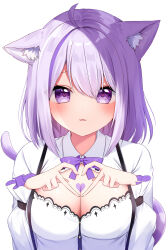 Rule 34 | 1girl, absurdres, ahoge, animal ear fluff, animal ears, blush, bow, bowtie, breasts, buttons, cat ears, cat girl, cat tail, chest tattoo, cleavage, cleavage cutout, clothing cutout, collared shirt, commentary request, eyes visible through hair, fingernails, hair between eyes, hands up, heart, heart-shaped pupils, heart hands, heart on chest, heart tattoo, highres, hololive, large breasts, long sleeves, looking at viewer, medium hair, nekomata okayu, nekomata okayu (wonderland), official alternate costume, parted lips, puffy long sleeves, puffy sleeves, purple bow, purple bowtie, purple eyes, purple hair, purple tail, revision, shinonome asu, shirt, sidelocks, simple background, smile, solo, star (symbol), star print, suspenders, symbol-shaped pupils, tail, tattoo, upper body, virtual youtuber, white background, white shirt