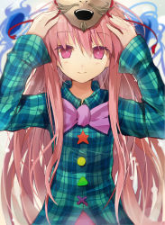 Rule 34 | 1girl, arms up, bow, efe, hata no kokoro, light smile, long hair, long sleeves, looking at viewer, mask, mouth mask, pink eyes, pink hair, plaid, plaid shirt, shirt, smile, solo, touhou, very long hair, wide sleeves