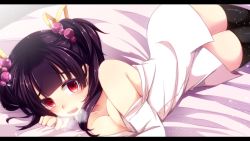 Rule 34 | 1girl, bed sheet, black hair, black thighhighs, bloodcatblack, blush, breasts, cleavage, heavy breathing, highres, letterboxed, long hair, looking at viewer, lying, medium breasts, on side, open mouth, original, red eyes, saliva, solo, thighhighs, tongue, tongue out, twintails, wavy mouth