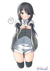 Rule 34 | 10s, 1girl, ?, arm warmers, asashio (kancolle), bad id, bad twitter id, black hair, black thighhighs, blue eyes, blush, clothes lift, ebifurya, grey skirt, highres, inactive account, kantai collection, lifting own clothes, long hair, no panties, open mouth, pleated skirt, shirt, short sleeves, simple background, skirt, skirt lift, solo, speech bubble, spoken question mark, suspenders, thighhighs, twitter username, white background, white shirt