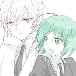 Rule 34 | ahoge, androgynous, antarcticite, bad id, bad twitter id, gem uniform (houseki no kuni), gender request, green eyes, green hair, houseki no kuni, looking at another, necktie, open mouth, phosphophyllite, short hair, smile, white eyes, white hair