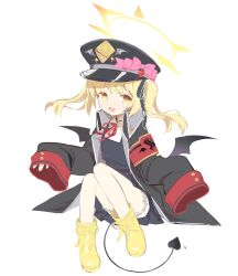 Rule 34 | 1girl, armband, black jacket, blonde hair, blue archive, buruma, child, demon tail, halo, hat, highres, ibuki (blue archive), jacket, looking at viewer, simple background, sitting, solo, tail, twitter, white background, yellow halo