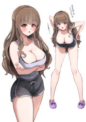 Rule 34 | 1girl, :o, absurdres, arms under breasts, black shorts, blunt bangs, blush, breasts, brown hair, cleavage, collarbone, cowboy shot, crossed arms, dolphin shorts, full body, grey tank top, hands on own hips, highres, idolmaster, idolmaster cinderella girls, kamiya nao, large breasts, leaning forward, long hair, looking at viewer, multiple views, pizzasi, red eyes, shorts, simple background, tank top, v-shaped eyebrows, very long hair, white background
