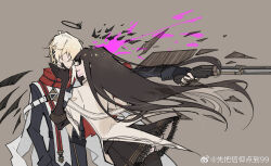 Rule 34 | 1boy, 1girl, ahoge, arched back, arknights, artist name, belt, belt buckle, black belt, black coat, black garter straps, black gloves, black halo, black sleeves, black wings, bleeding, blonde hair, blood, blood from mouth, blood splatter, blunt bangs, broken halo, brown gloves, brown hair, brown skirt, brown wings, buckle, buttons, chinese commentary, chinese text, cloak, closed mouth, coat, collared jacket, commentary request, cousins, cowboy shot, crosshatching, dark halo, detached wings, earpiece, energy wings, executor (arknights), executor the ex foedere (arknights), expressionless, faceless, faceless female, faceless male, facing ahead, facing another, film grain, finger on trigger, fingerless gloves, floating hair, from side, garter straps, gloves, grey thighhighs, gun, hair between eyes, halftone, halo, hand on another&#039;s cheek, hand on another&#039;s face, hand up, hatching (texture), headshot, highres, hime cut, holding, holding weapon, implied death, implied injury, jacket, layered sleeves, leaning, leaning forward, leaning on person, lever action, light brown background, linear hatching, long hair, long sleeves, mechanical halo, mechanical wings, messy hair, miniskirt, multicolored cloak, official alternate costume, outline, outstretched arm, parted lips, pink blood, pleated skirt, profile, red cloak, short hair, short over long sleeves, short sleeved jacket, short sleeves, shotgun, sidelocks, simple background, skirt, sleeve cuffs, smile, standing, striped, thighhighs, two-tone cloak, variant set, vertical stripes, very long hair, virtuosa (arknights), watermark, weapon, weibo 5871963998, weibo logo, weibo username, white belt, white cloak, white jacket, white outline, wide sleeves, wings, wire, zettai ryouiki