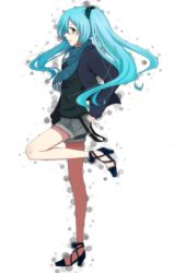Rule 34 | 1girl, aqua eyes, aqua hair, female focus, full body, hatsune miku, high heels, highres, legs, long hair, nicarali, profile, scarf, shoes, solo, standing, twintails, upright, vocaloid, white background