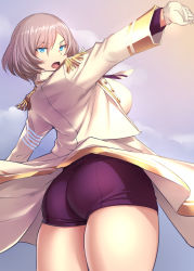 Rule 34 | 1girl, absurdres, ass, blue eyes, bosshi, breasts, cloud, commentary request, epaulettes, from behind, gloves, gridman universe, highres, large breasts, long sleeves, looking at viewer, looking back, military, military uniform, mujina, open mouth, outdoors, outstretched arms, short hair, short shorts, shorts, sky, solo, ssss.dynazenon, thighs, uniform, white gloves