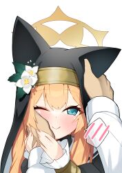 Rule 34 | 1girl, animal ears, blue archive, blue eyes, blush, cheek squash, closed mouth, commentary request, fox ears, frilled sleeves, frills, guided petting, habit, halo, hand on another&#039;s face, headpat, highres, long hair, long sleeves, looking at viewer, mari (blue archive), nun, orange hair, pov, pov hands, simple background, smile, solo focus, speech bubble, spoken blush, teruisi, upper body, white background