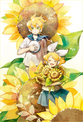 Rule 34 | 1boy, 1girl, blonde hair, brother and sister, closed eyes, flower, hat, highres, kagamine len, kagamine rin, sailor, siblings, sunflower, twins, utacoco, vocaloid
